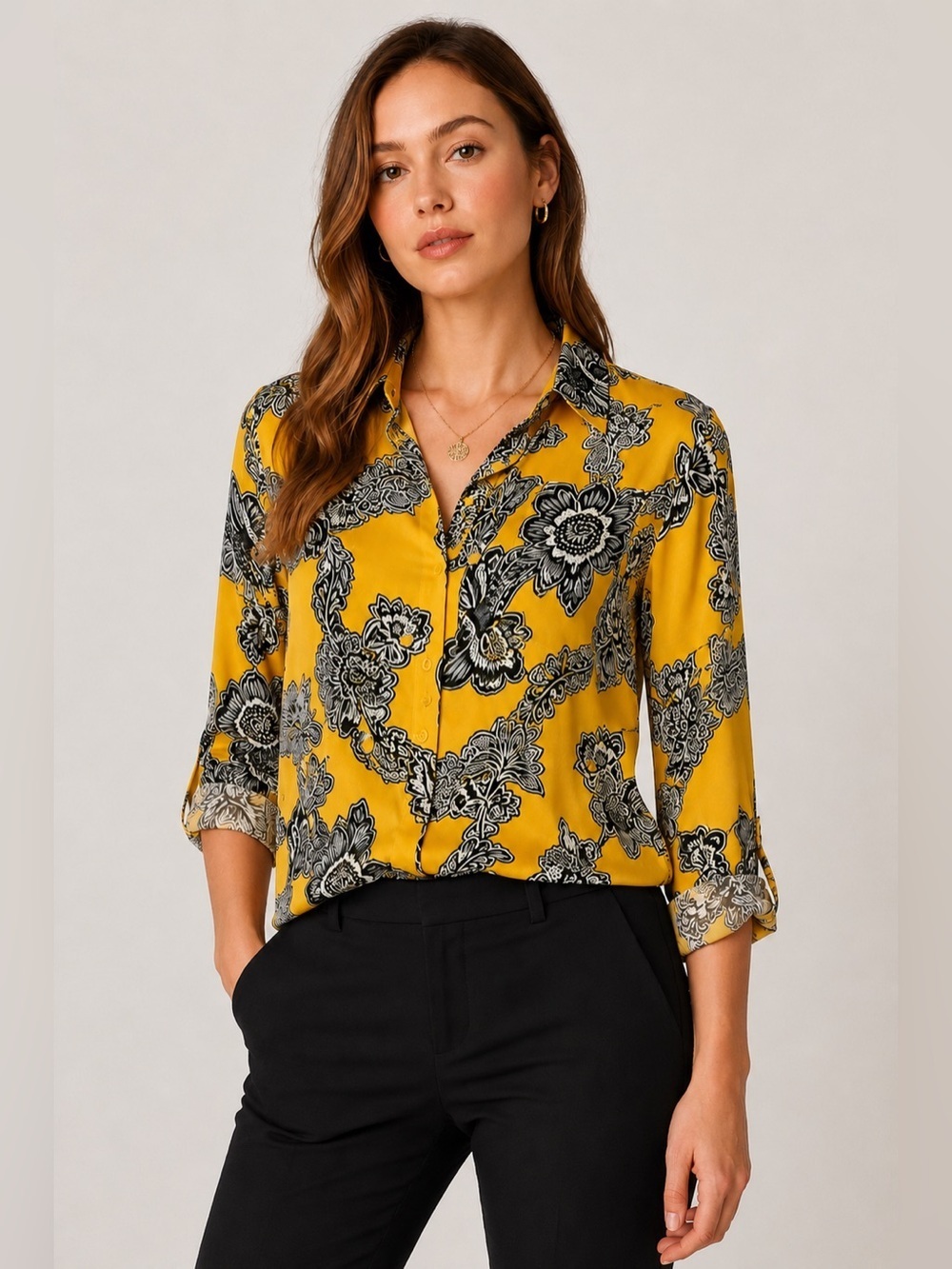 Express Portofino Slim Fit Blouse Small Yellow Floral Roll Tab Sleeve